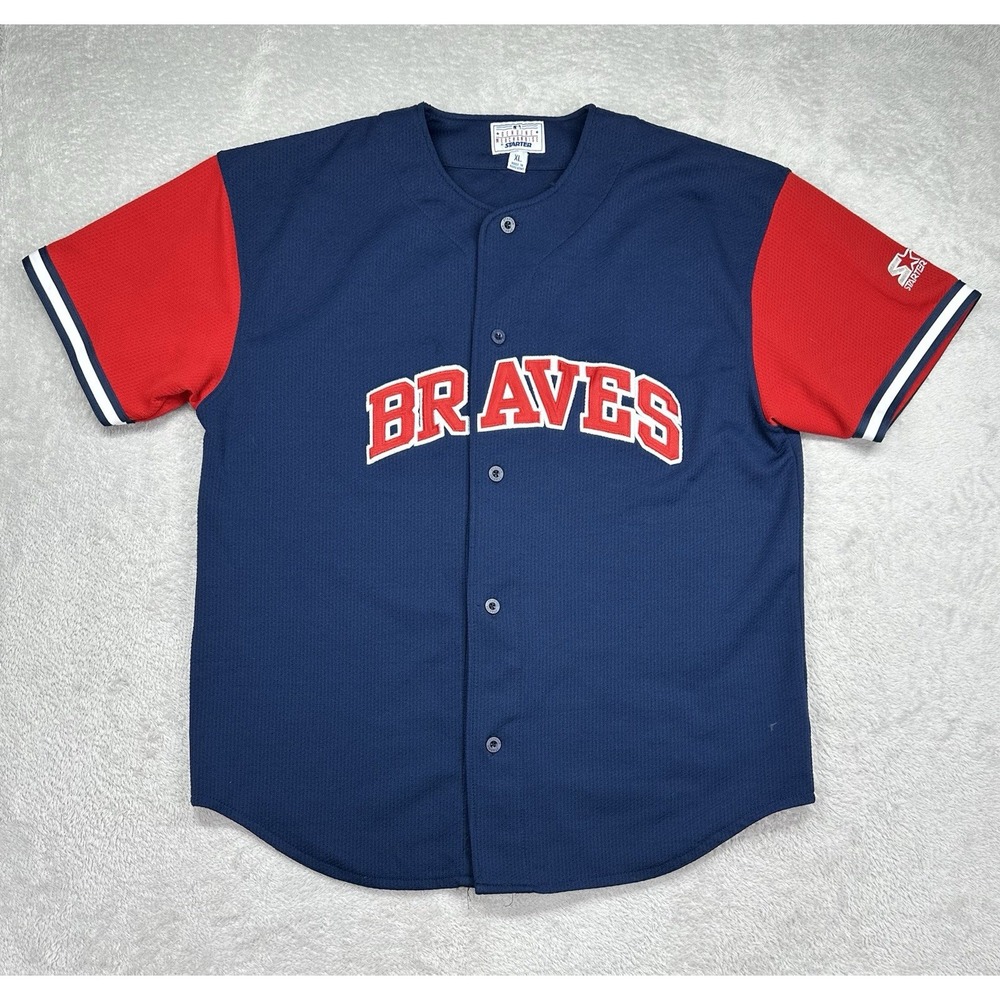 Vintage Atlanta Braves Jersey Mens XL Blue Red MLB Baseball Starter 90s Spellout